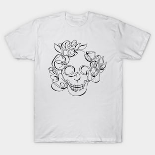 Minimalistic Continuous Line Skull with Poppies T-Shirt